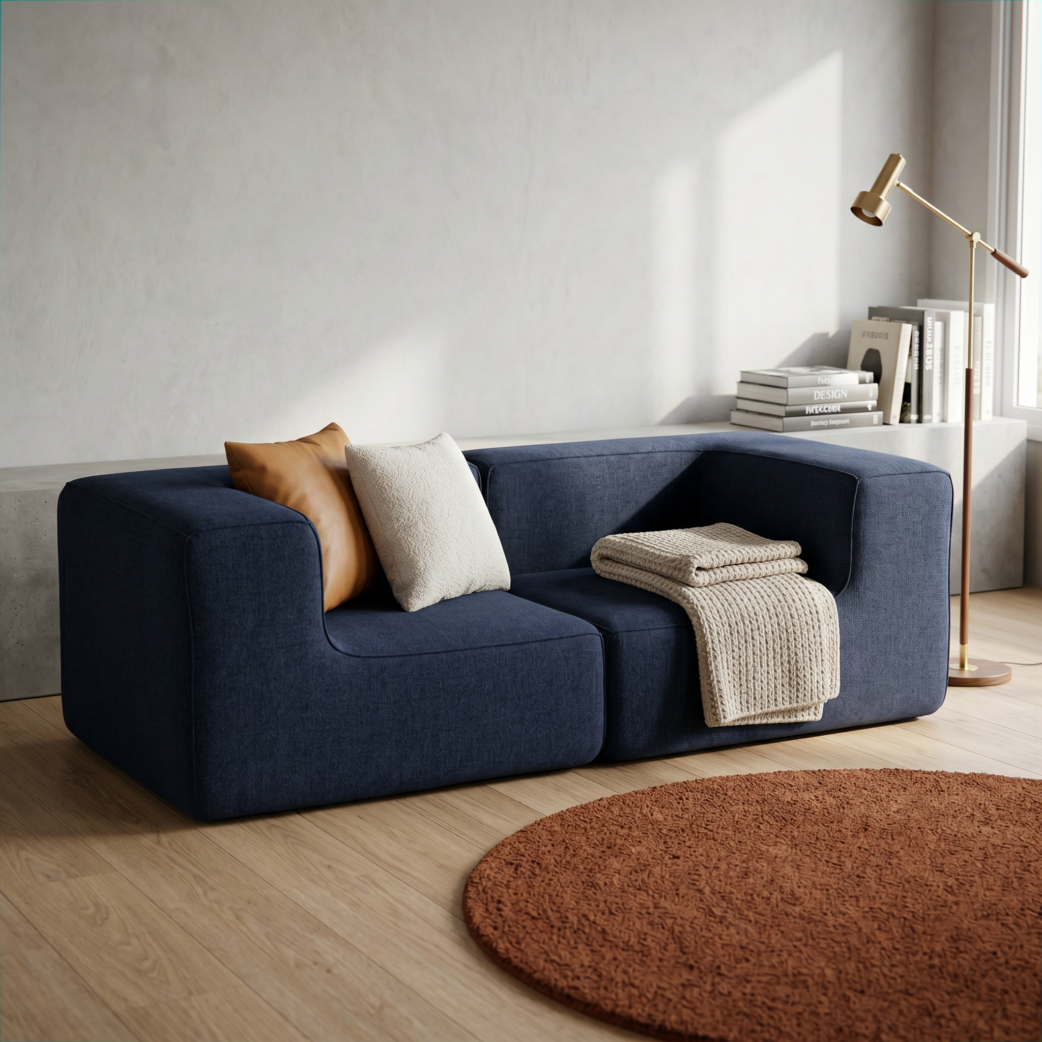 Sofá Modular Flow 2 Lugares 2 Cantos em Boucle Azul Marinho