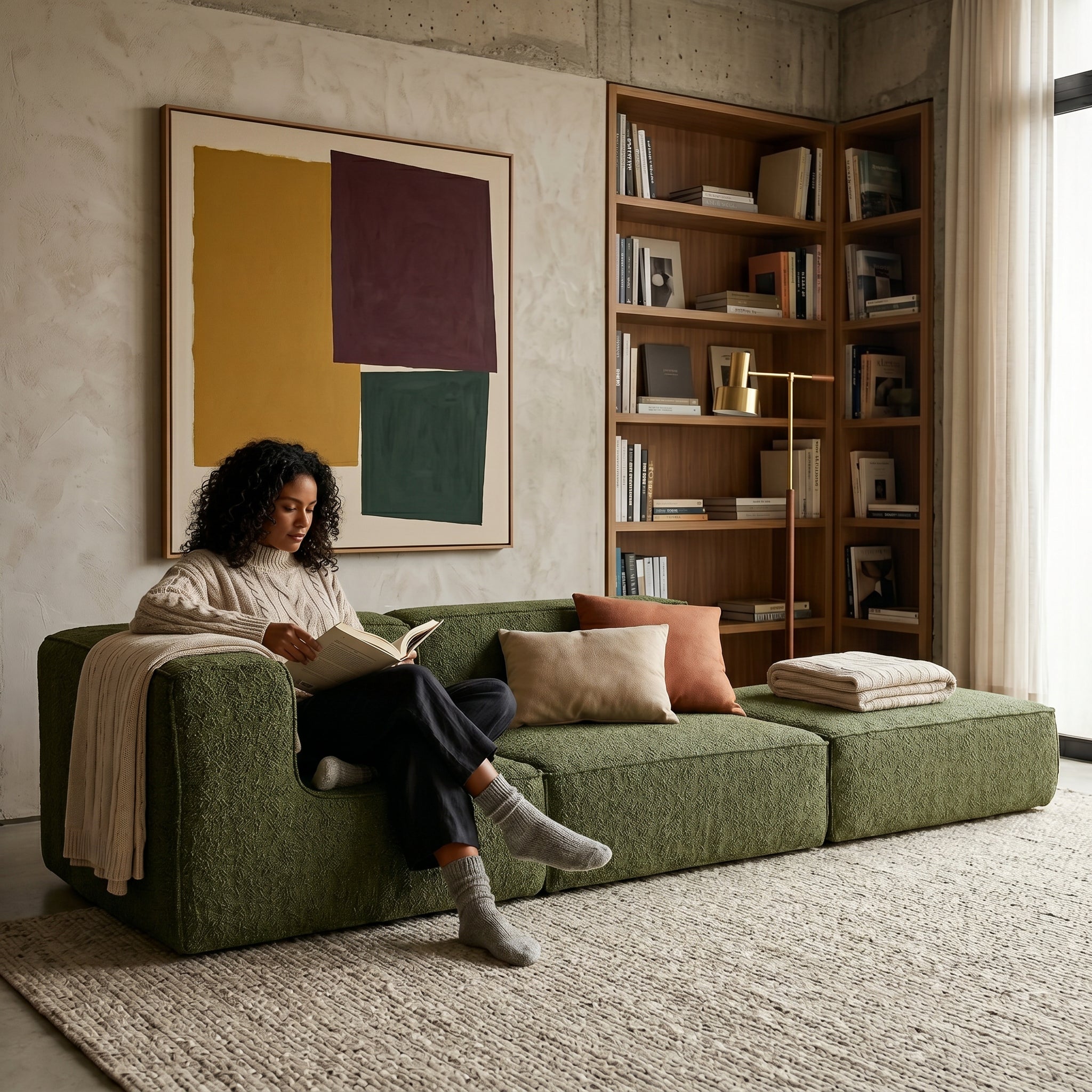 Sofá Modular Flow 2 Lugares 1 Canto com 1 Apoio de Pé em Boucle Plus Green