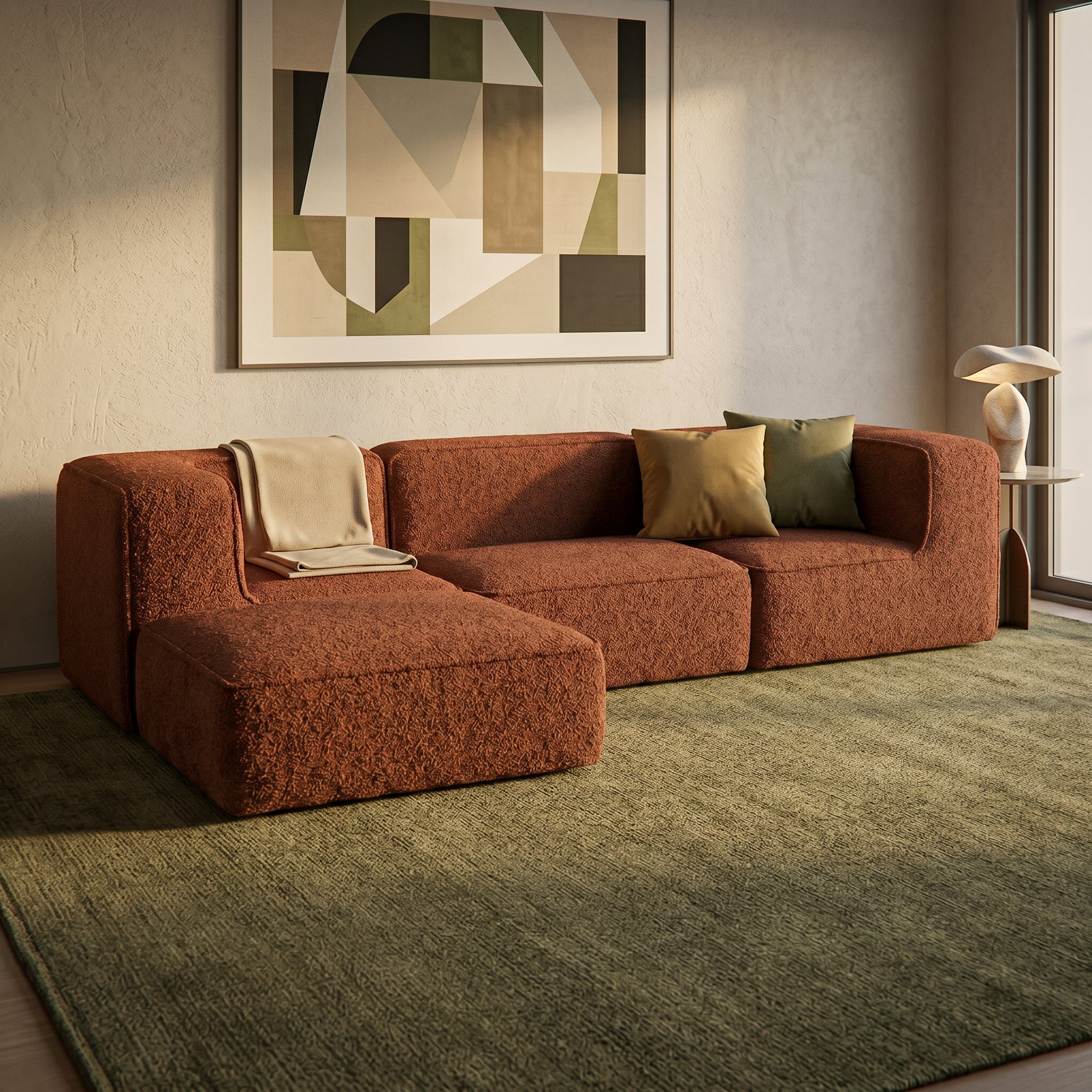 Sofá Modular Flow 3 Lugares 2 Cantos com 1 Apoio de Pé em Boucle Plus Terracota