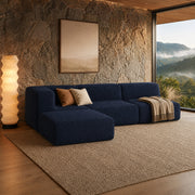 Sofá Modular Flow 3 Lugares 1 Canto com 1 Apoio de Pé em Boucle Azul Marinho