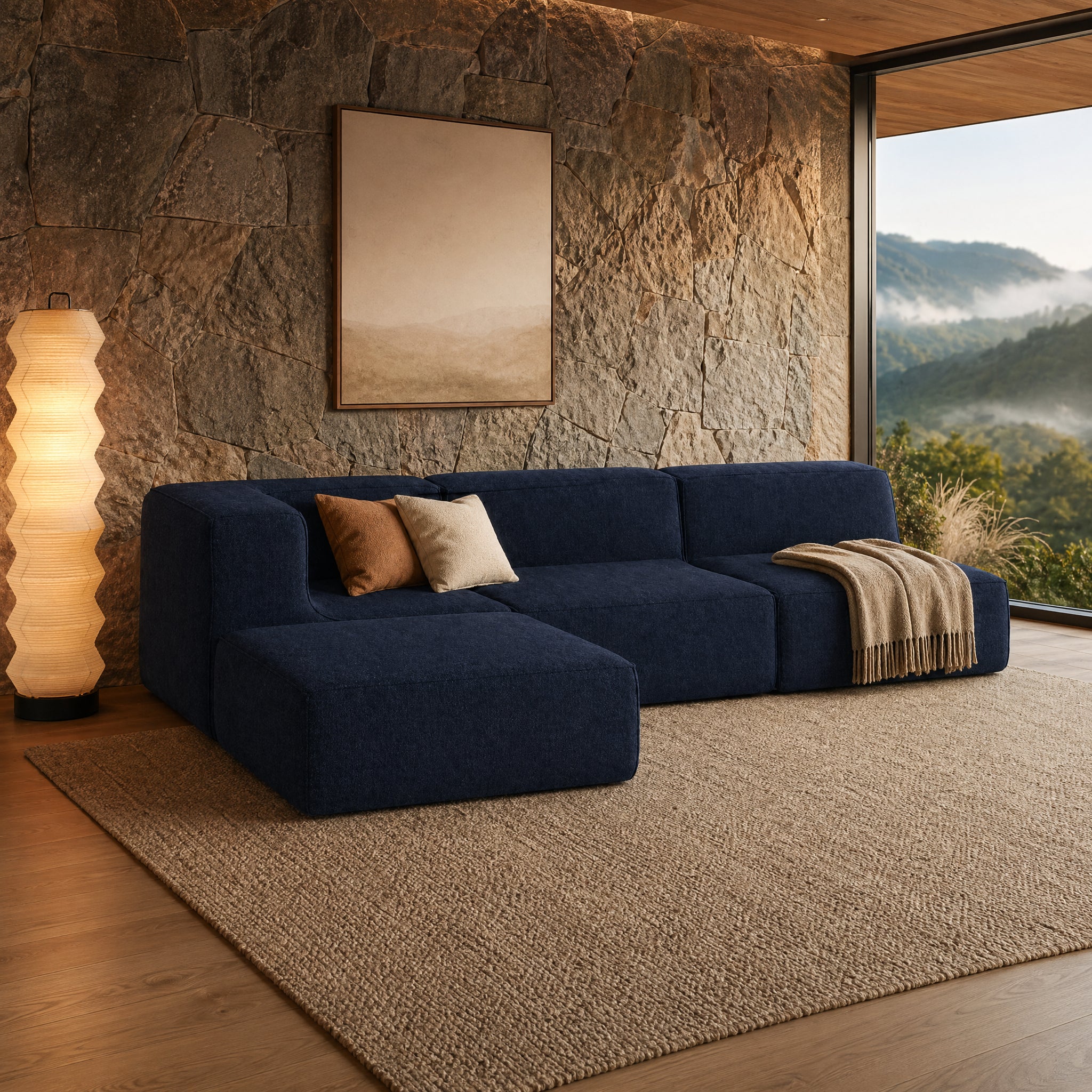 Sofá Modular Flow 3 Lugares 1 Canto com 1 Apoio de Pé em Boucle Azul Marinho
