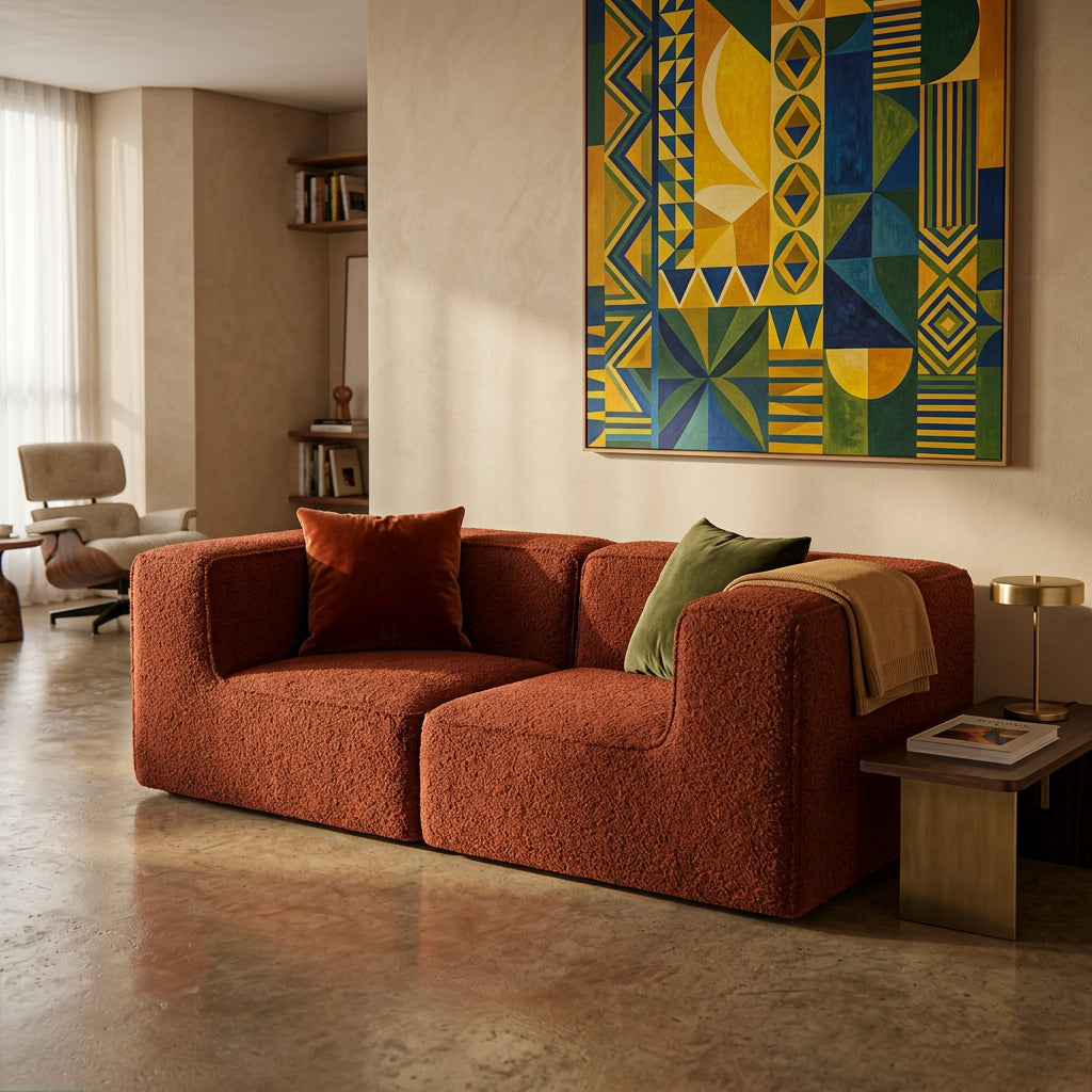 Sofá Modular Flow 2 Lugares 2 Cantos em Boucle Plus Terracota