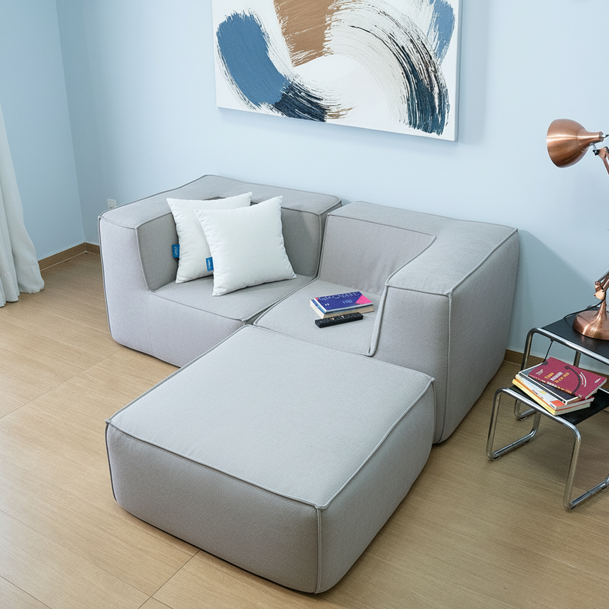 Sofá Modular Flow 2 Lugares 2 Cantos com 1 Apoio de Pé em Boucle Cinza
