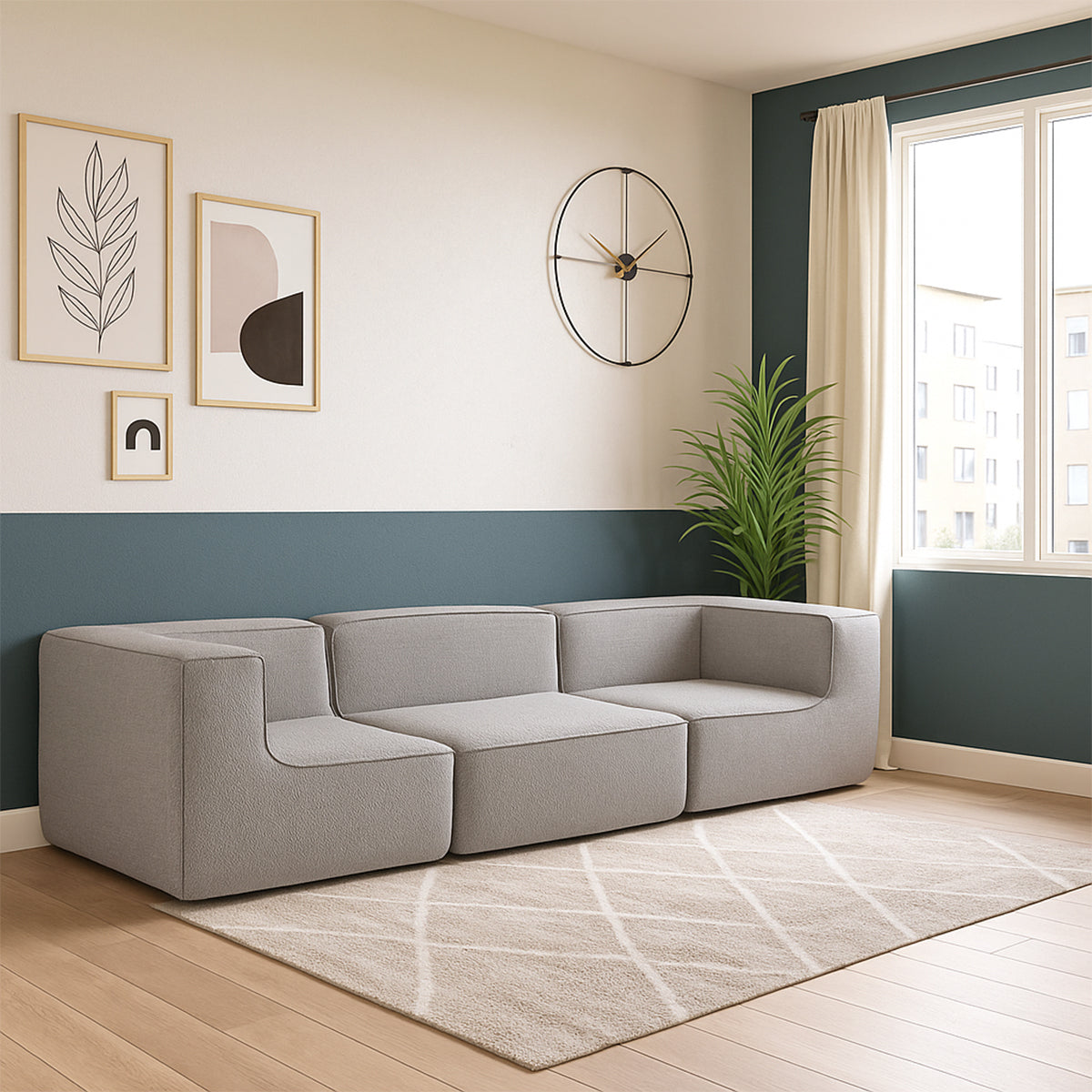 Sofá Modular Flow 3 Lugares 2 Cantos em Boucle Cinza