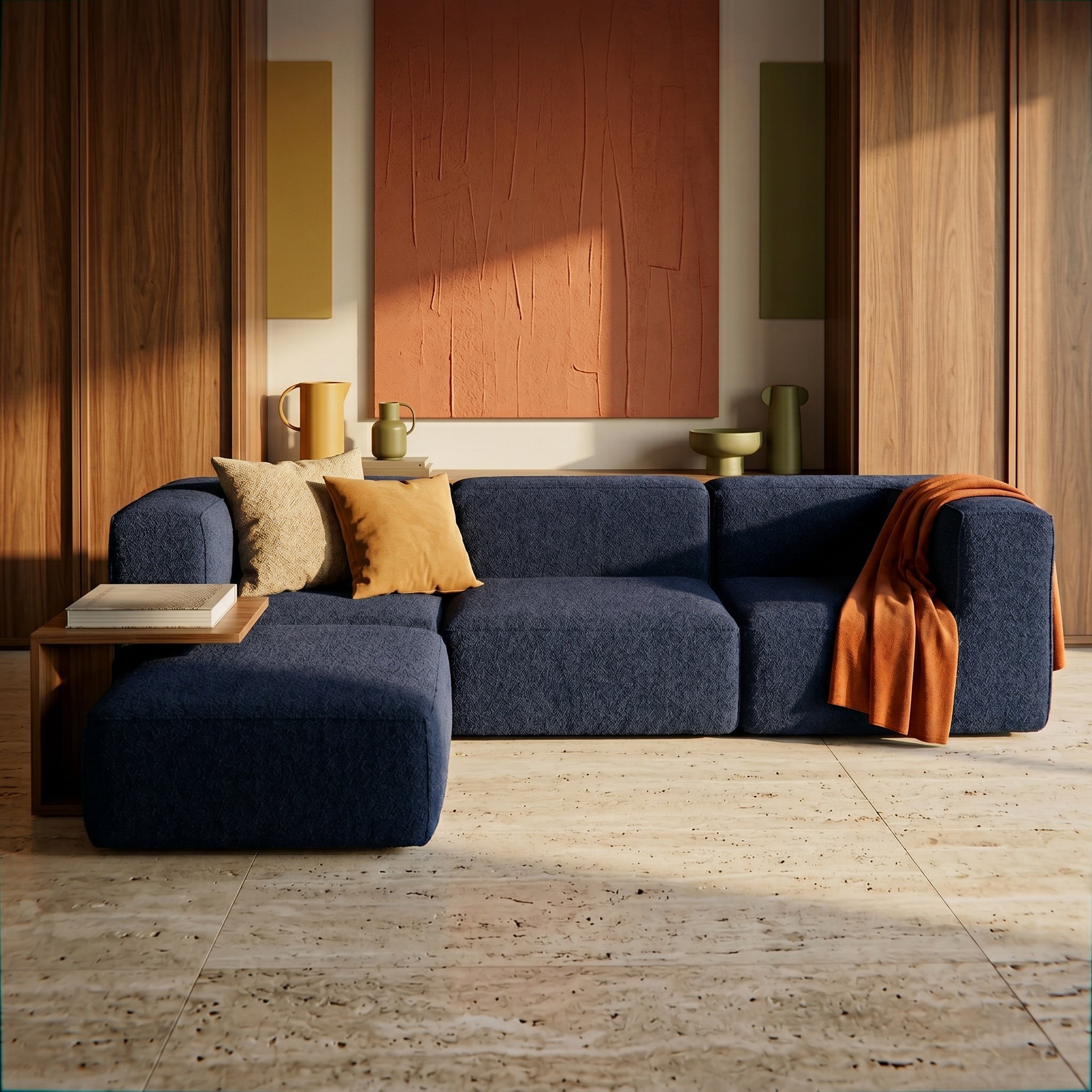 Sofá Modular Flow 3 Lugares 2 Cantos com 1 Apoio de Pé em Boucle Azul Marinho