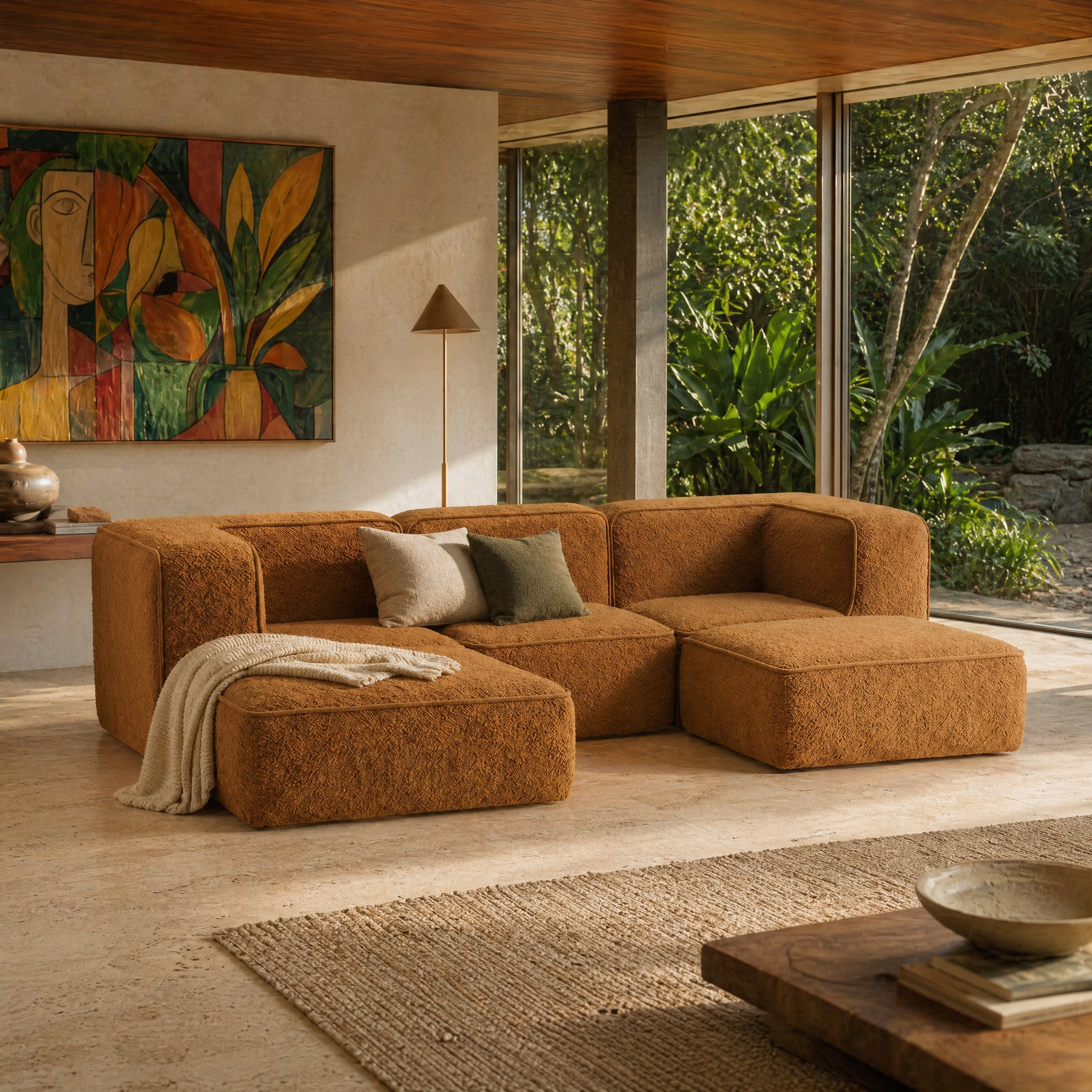 Sofá Modular Flow 3 Lugares 2 Cantos com 2 Apoios de Pé em Boucle Plus Mostarda