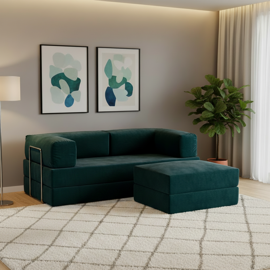 Sofá Cama Flowin com 1 Apoio de Pé em Cotele Verde Musgo