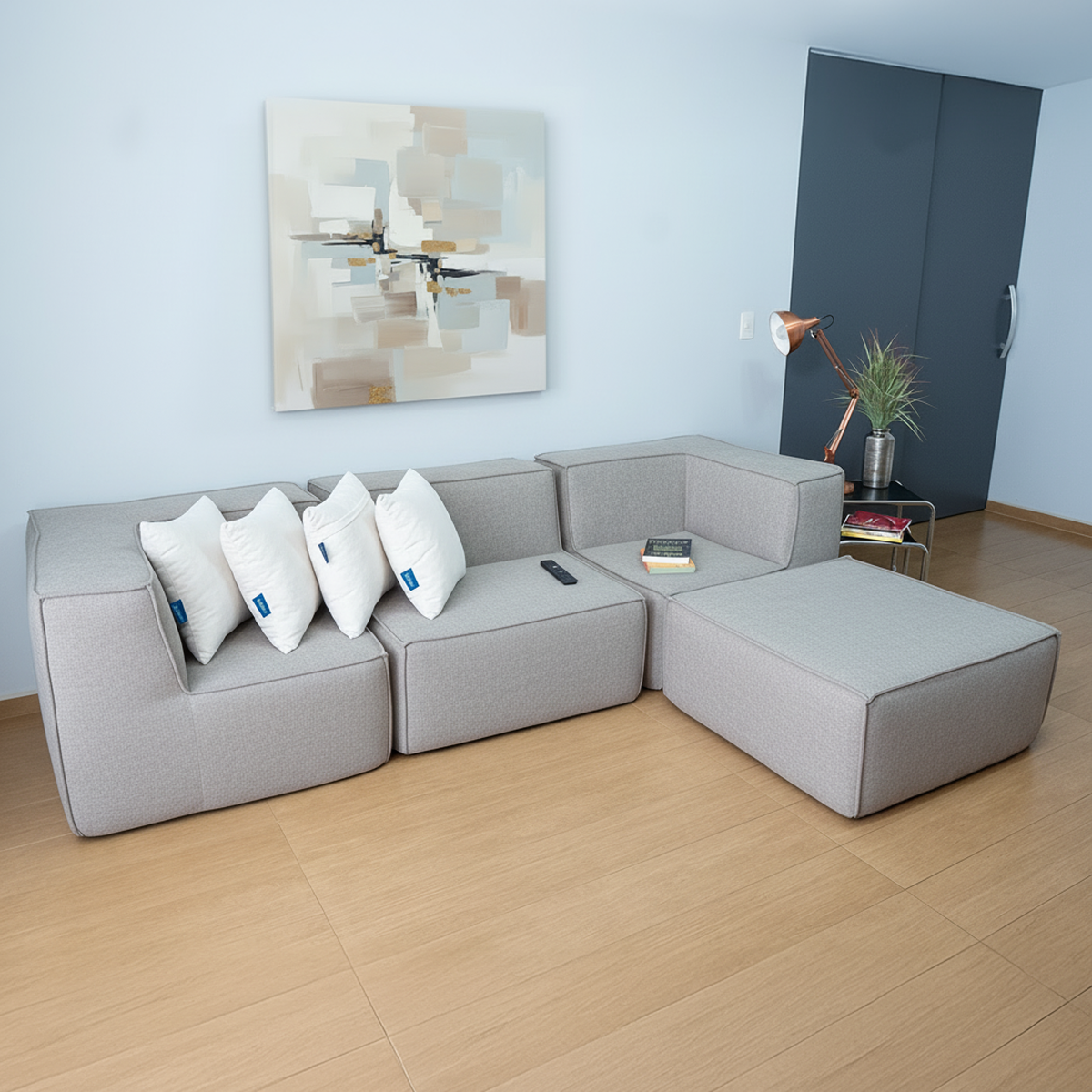 Sofá Modular Flow 3 Lugares 2 Cantos com 1 Apoio de Pé em Boucle Cinza