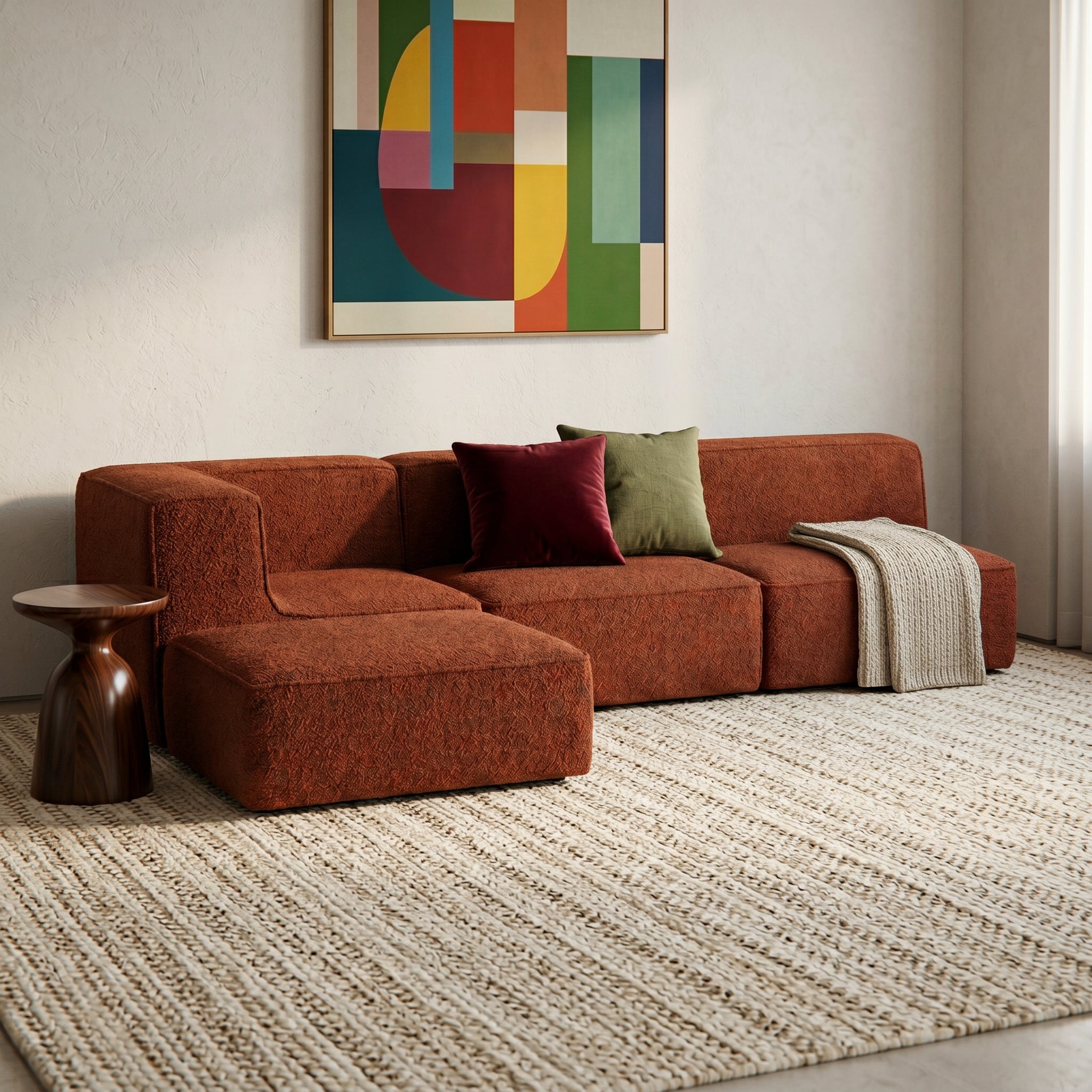 Sofá Modular Flow 3 Lugares 1 Canto com 1 Apoio de Pé em Boucle Plus Terracota