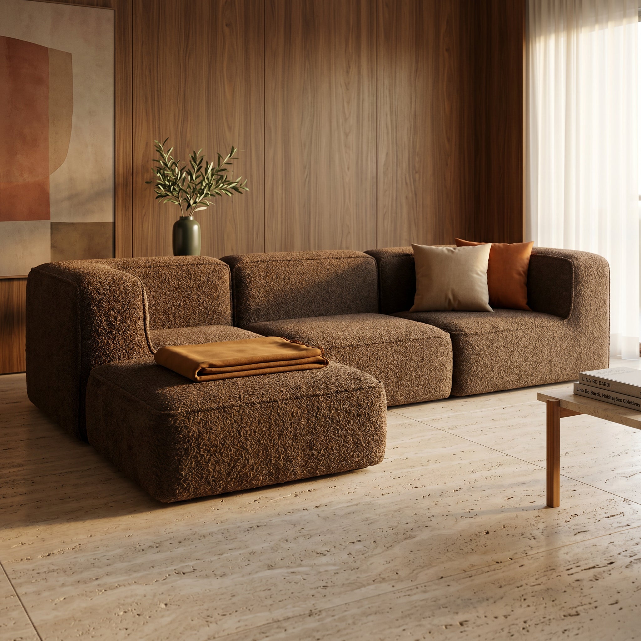 Sofá Modular Flow 3 Lugares 2 Cantos com 1 Apoio de Pé em Boucle Plus Marrom
