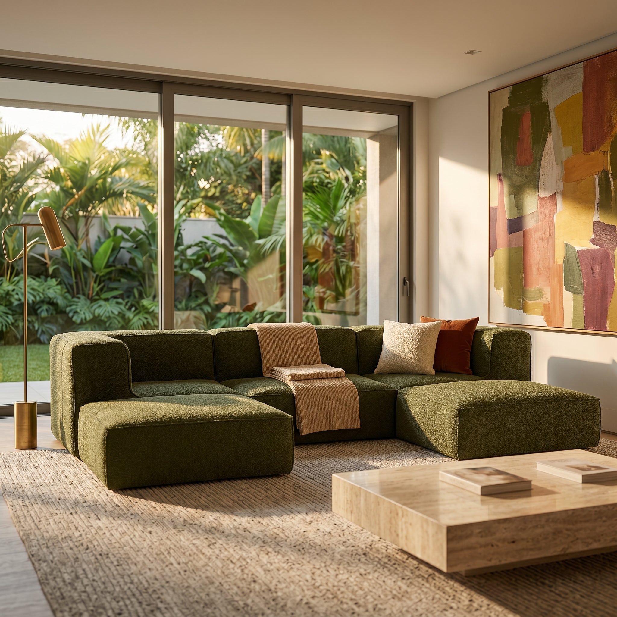 Sofá Modular Flow 3 Lugares 2 Cantos com 2 Apoios de Pé em Boucle Plus Green