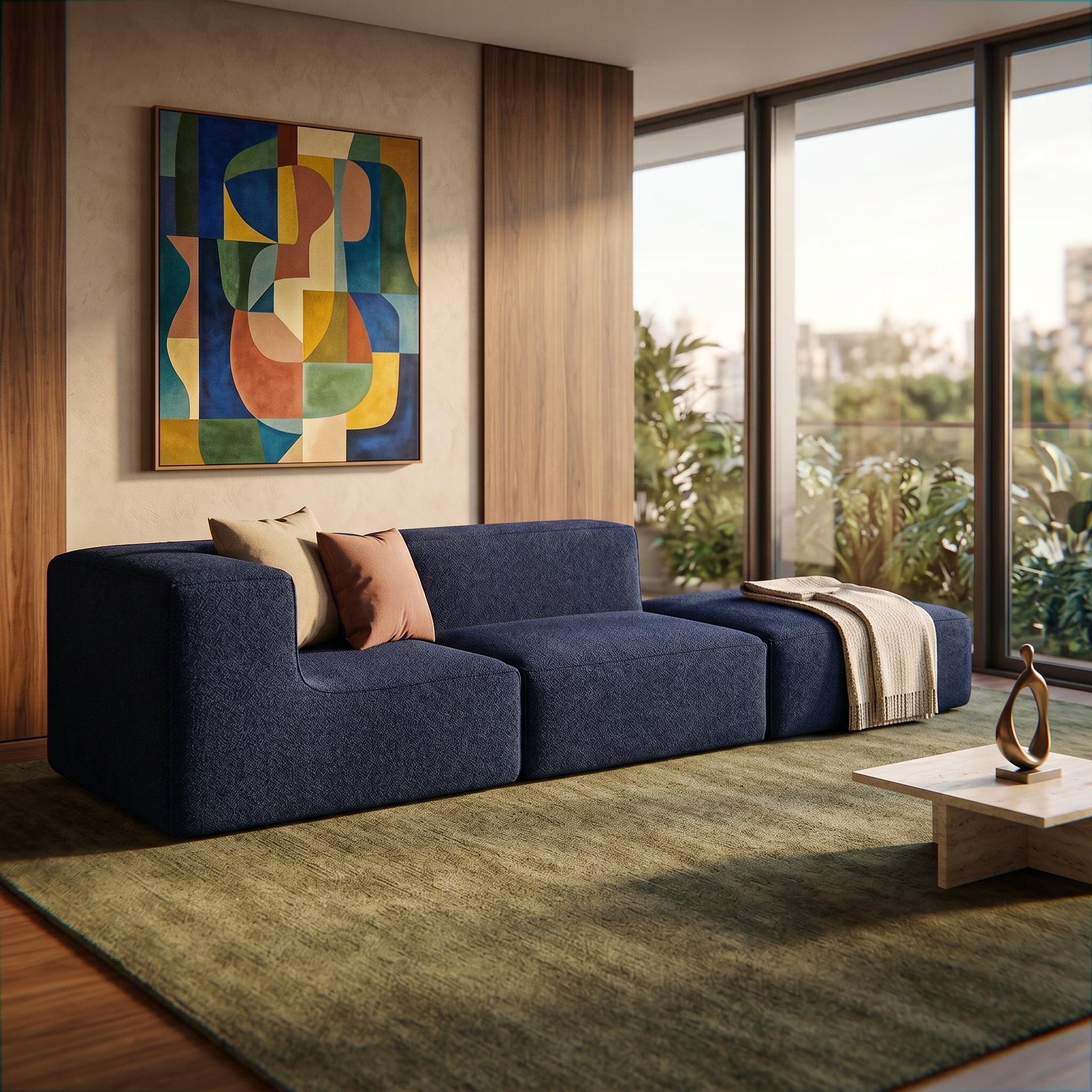Sofá Modular Flow 2 Lugares 1 Canto com 1 Apoio de Pé em Boucle Azul Marinho