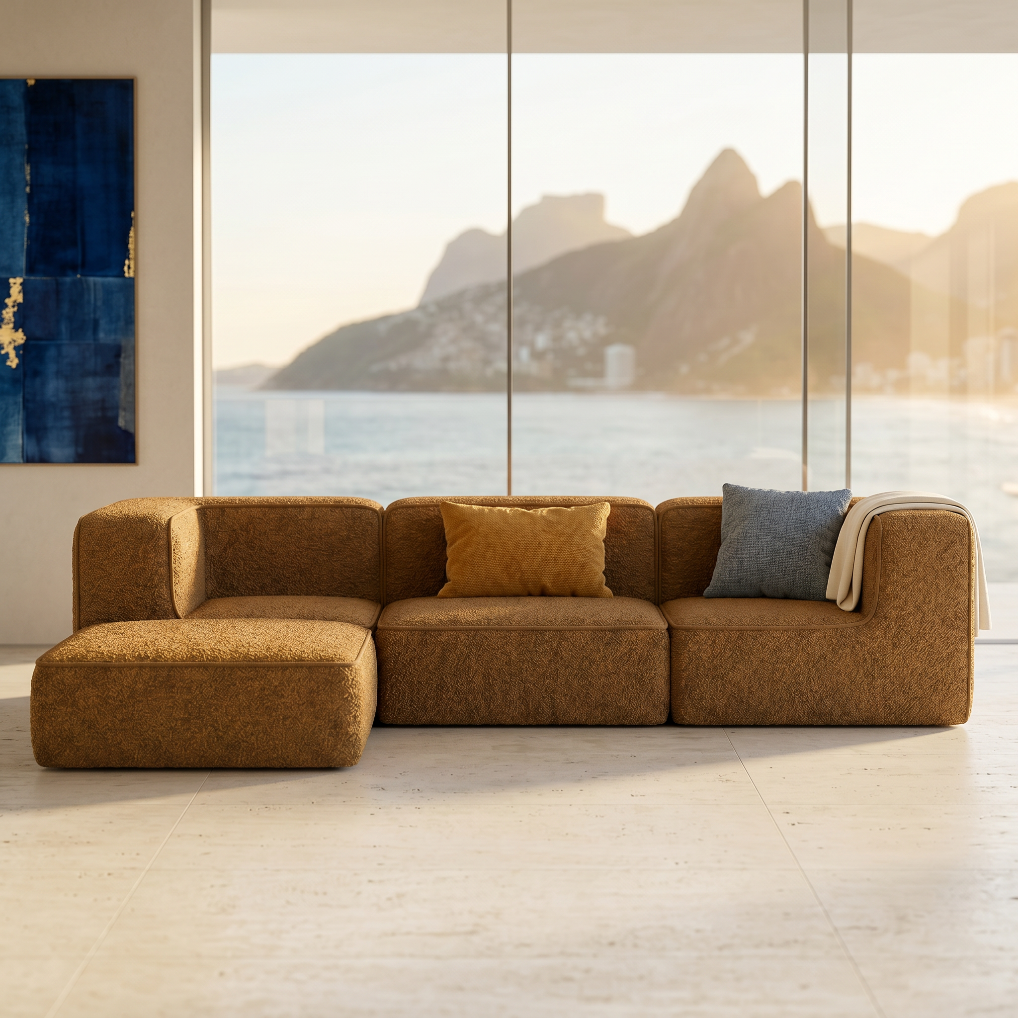 Sofá Modular Flow 3 Lugares 2 Cantos com 1 Apoio de Pé em Boucle Plus Mostarda