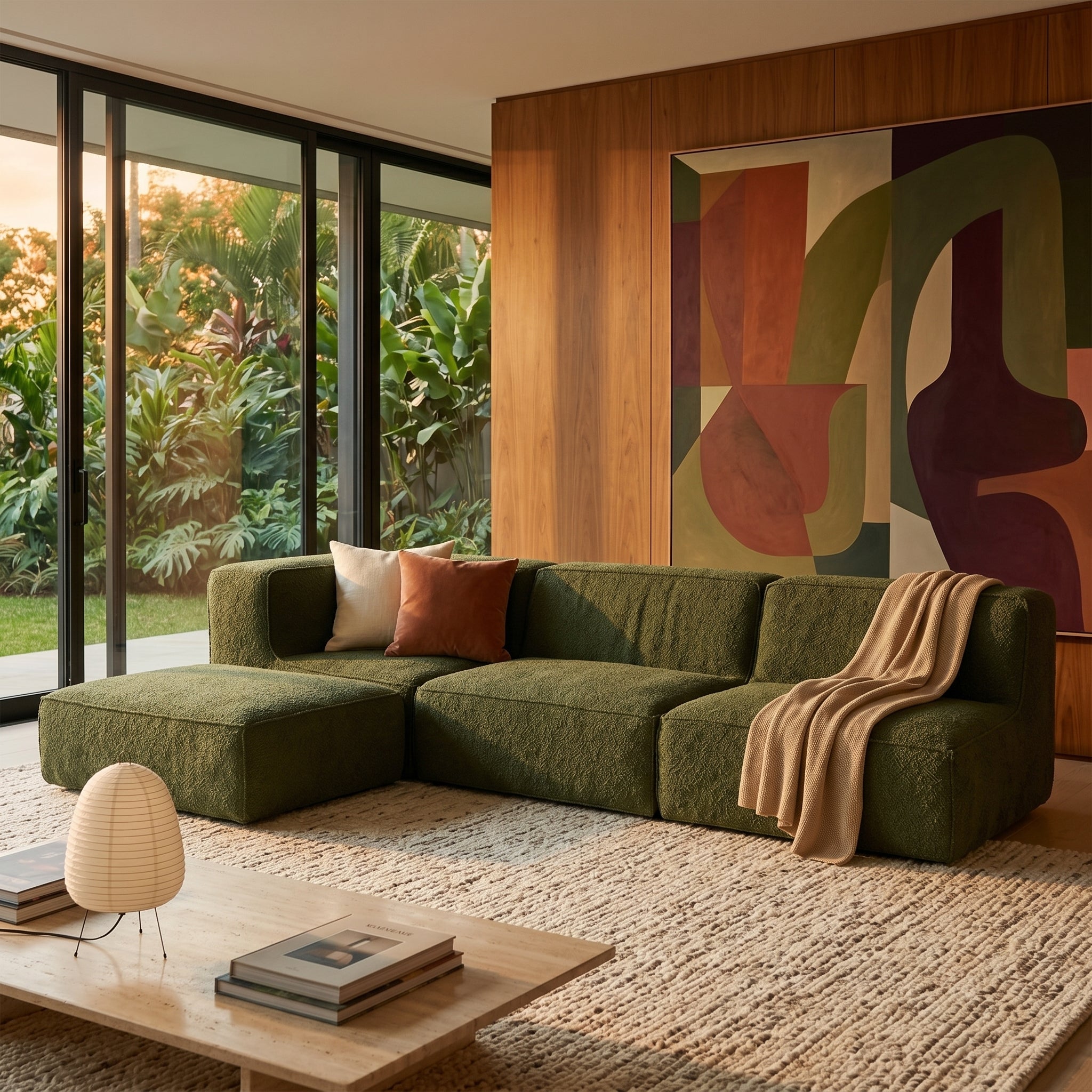 Sofá Modular Flow 3 Lugares  1 Canto com 1 Apoio de Pé em Boucle Plus Green