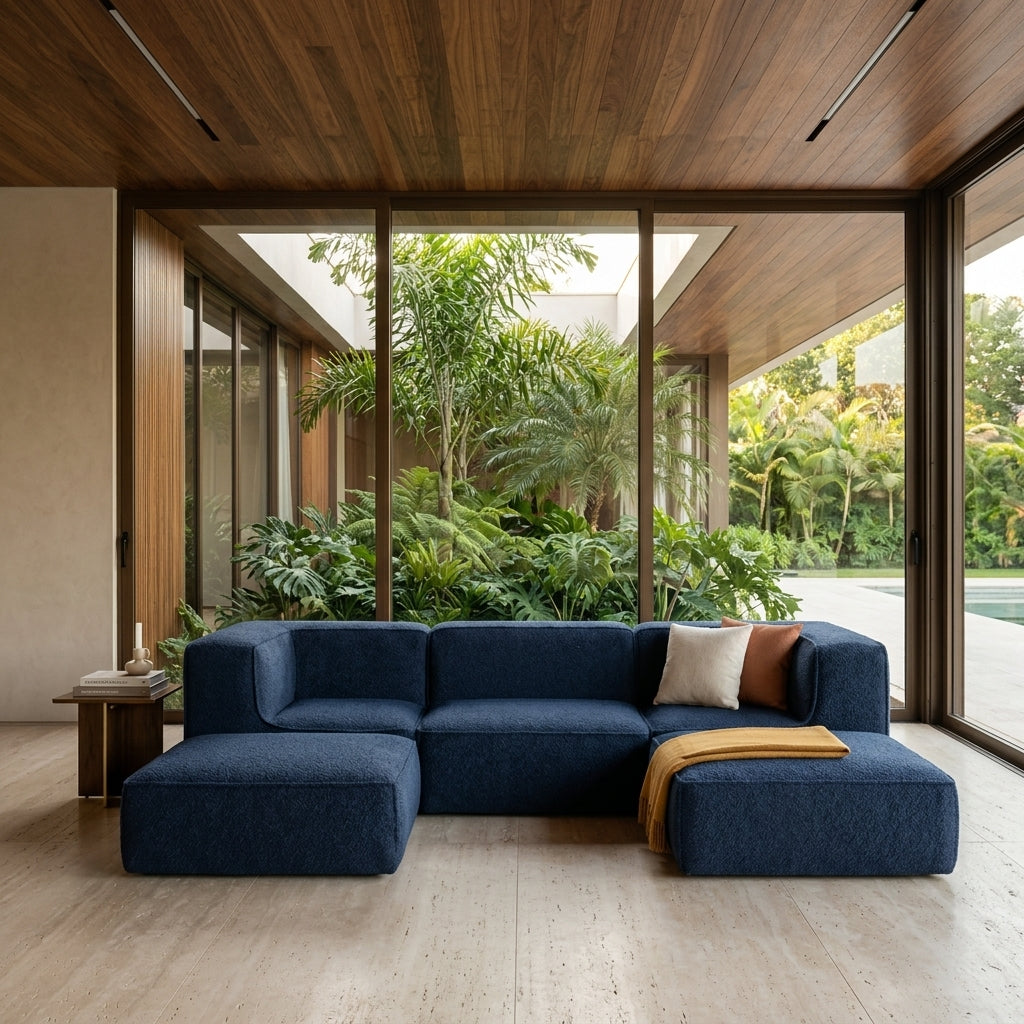 Sofá Modular Flow 3 Lugares 2 Cantos com 2 Apoios de Pé em Boucle Azul Marinho