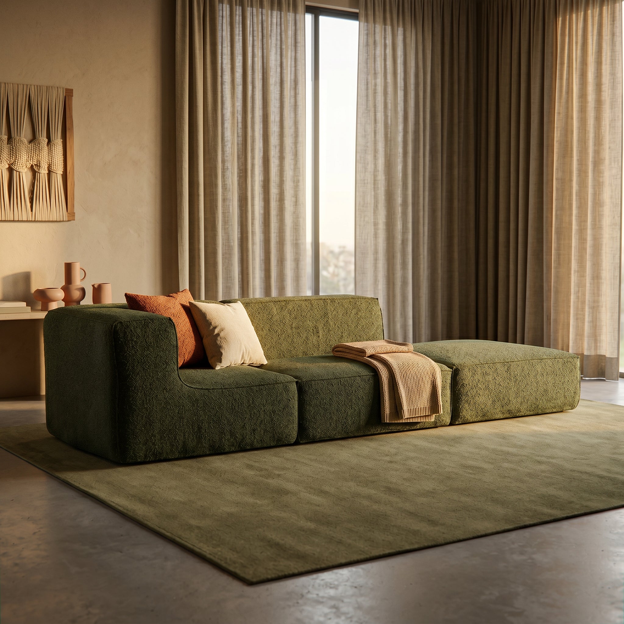 Sofá Modular Flow 2 Lugares 1 Canto com 1 Apoio de Pé em Boucle Plus Green