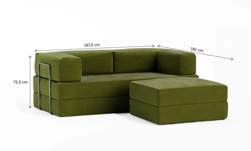 Sofá-Cama Flowin Cotelê com Apoio de Pé - Verde Oliva