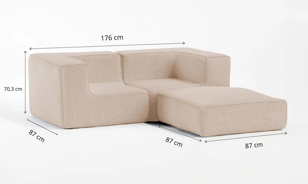 Sofá Modular Flow Boucle Bege - 2 Lugares - 2 Cantos com Apoio de Pé