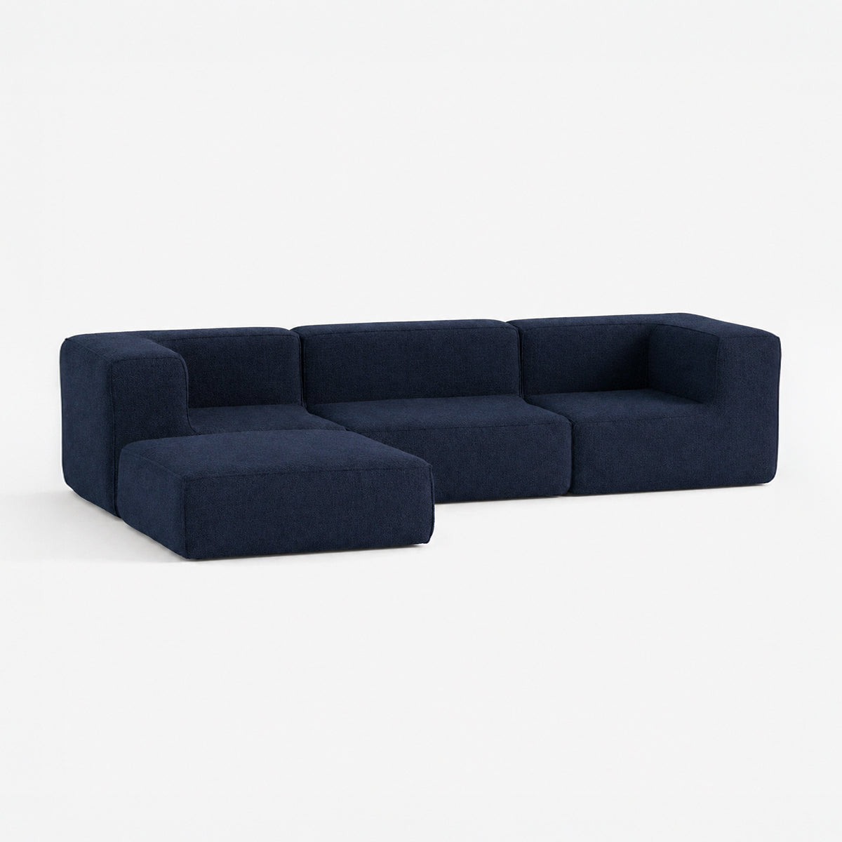 Sofá Modular Flow 3 Lugares 2 Cantos com 1 Apoio de Pé em Boucle Azul Marinho