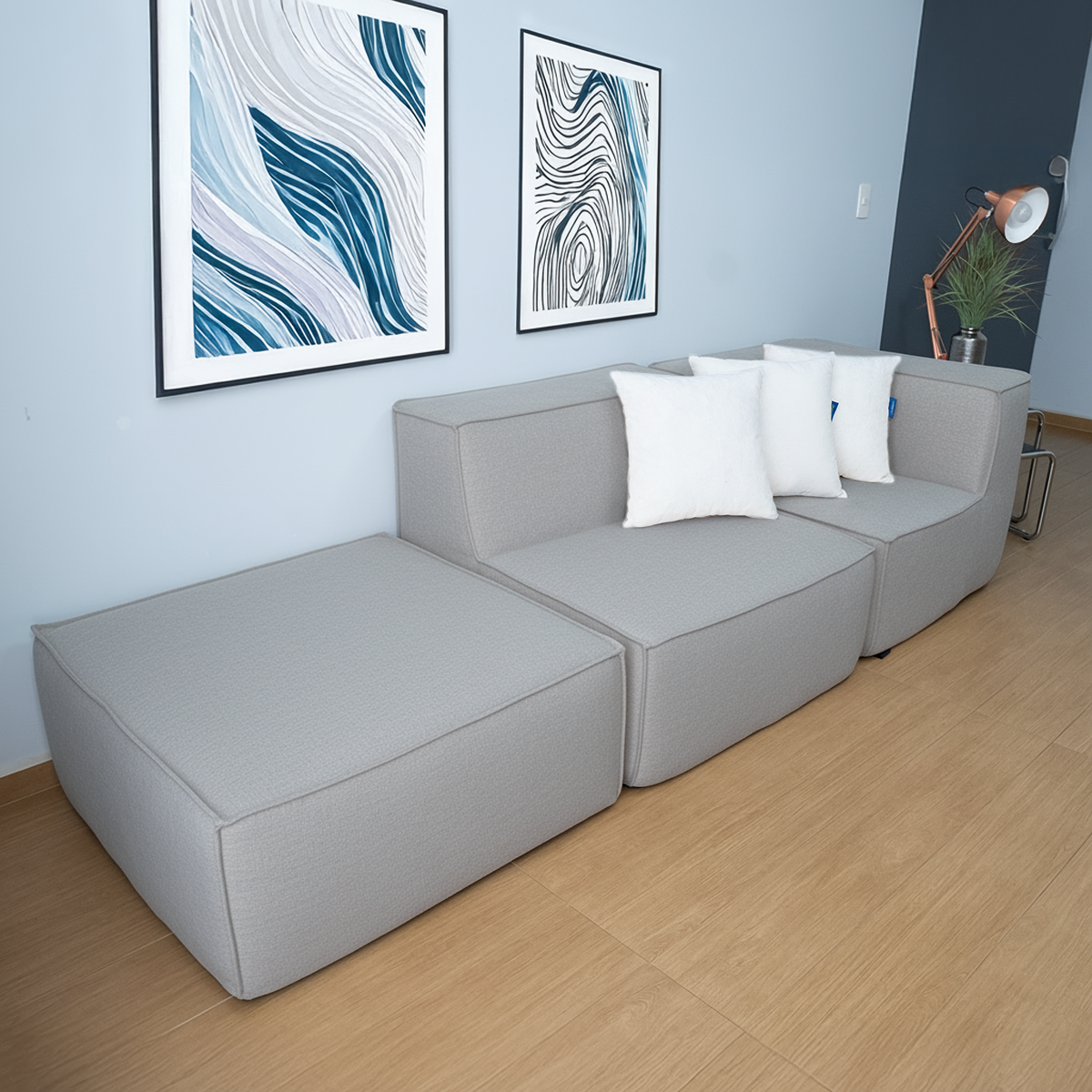 Sofá Modular Flow 2 Lugares 1 Canto com 1 Apoio de Pé em Boucle Cinza