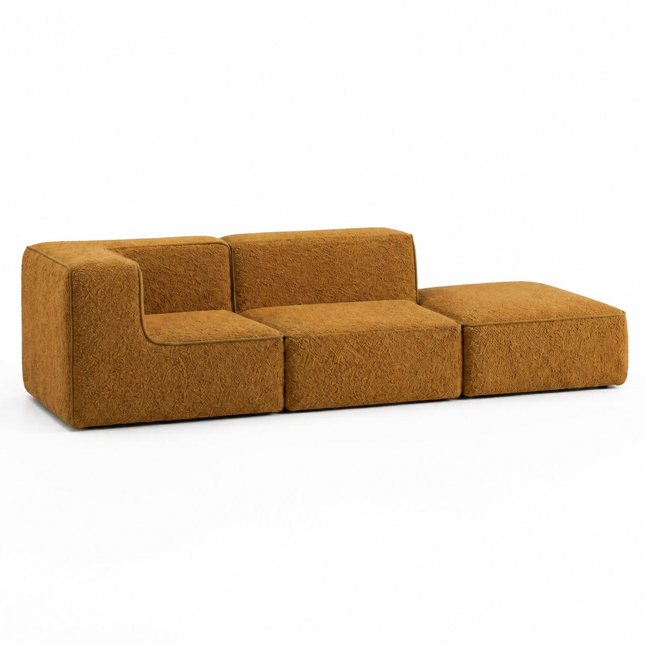 Sofá Modular Flow 2 Lugares 1 Canto com 1 Apoio de Pé em Boucle Plus Mostarda