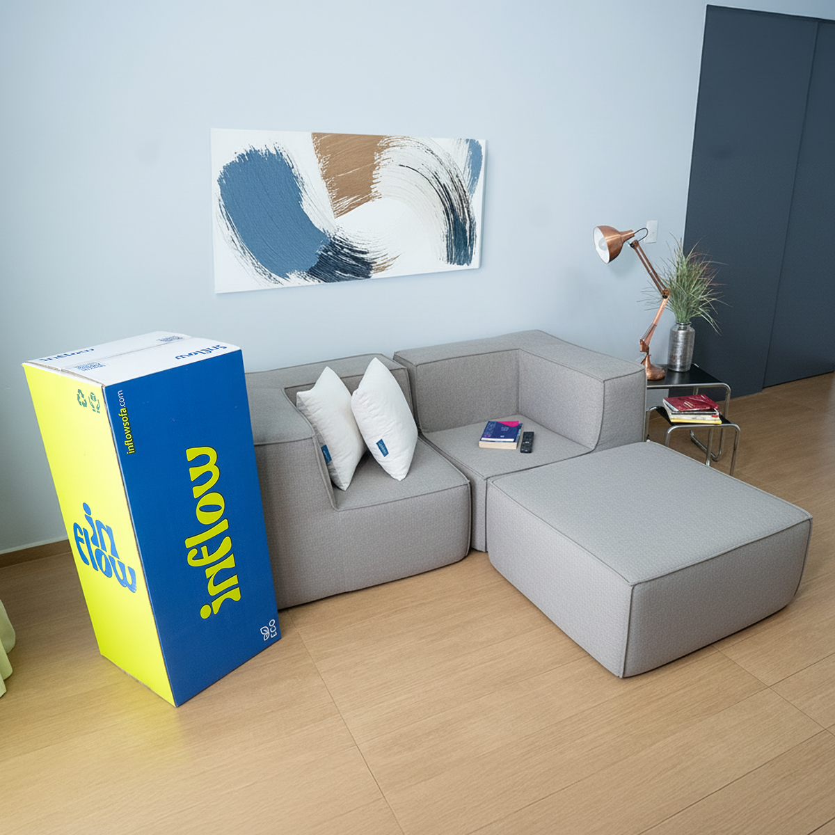 Sofá Modular Flow 2 Lugares 2 Cantos com 1 Apoio de Pé em Boucle Cinza