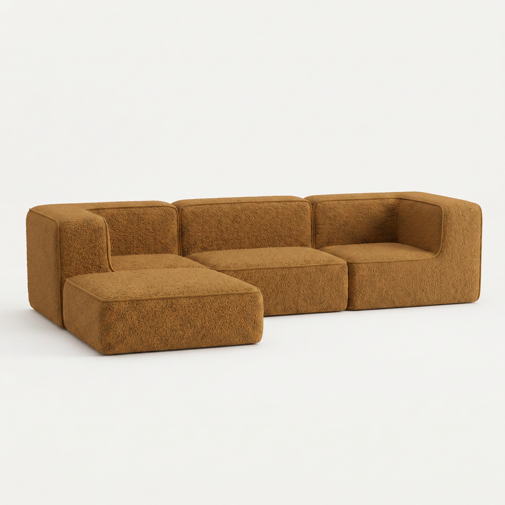 Sofá Modular Flow 3 Lugares 2 Cantos com 1 Apoio de Pé em Boucle Plus Mostarda