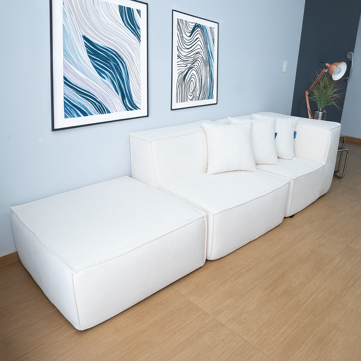 Sofá Modular Flow 2 Lugares 1 Canto com 1 Apoio de Pé em Boucle Bege