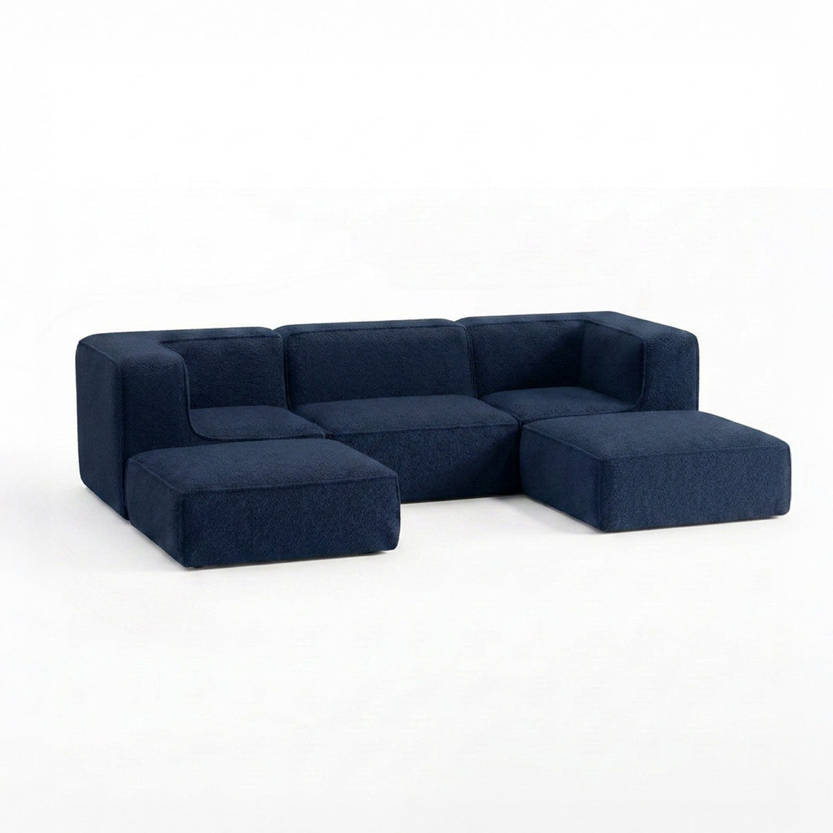 Sofá Modular Flow 3 Lugares 2 Cantos com 2 Apoios de Pé em Boucle Azul Marinho