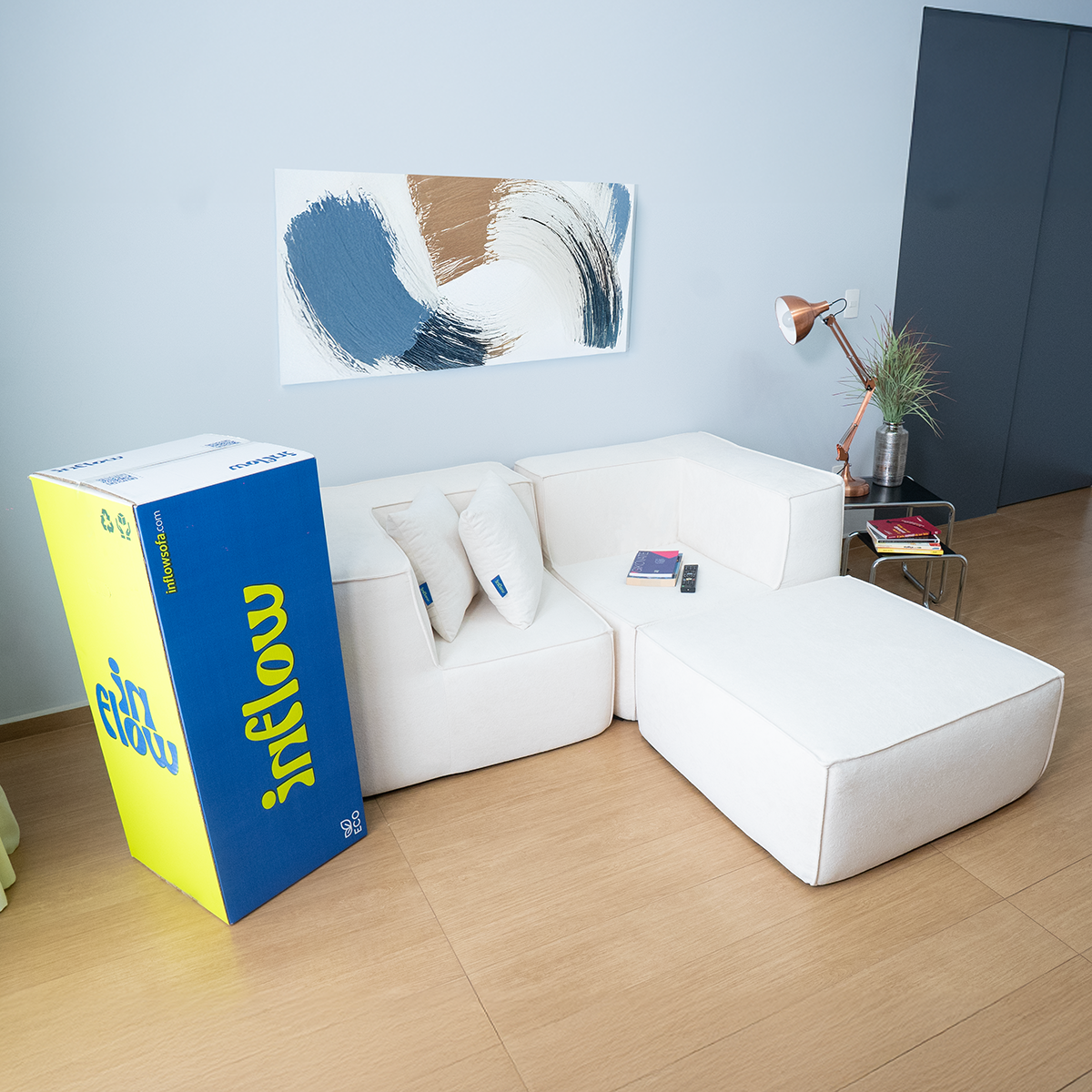 Sofá Modular Flow 2 Lugares 2 Cantos com 1 Apoio de Pé em Boucle Bege