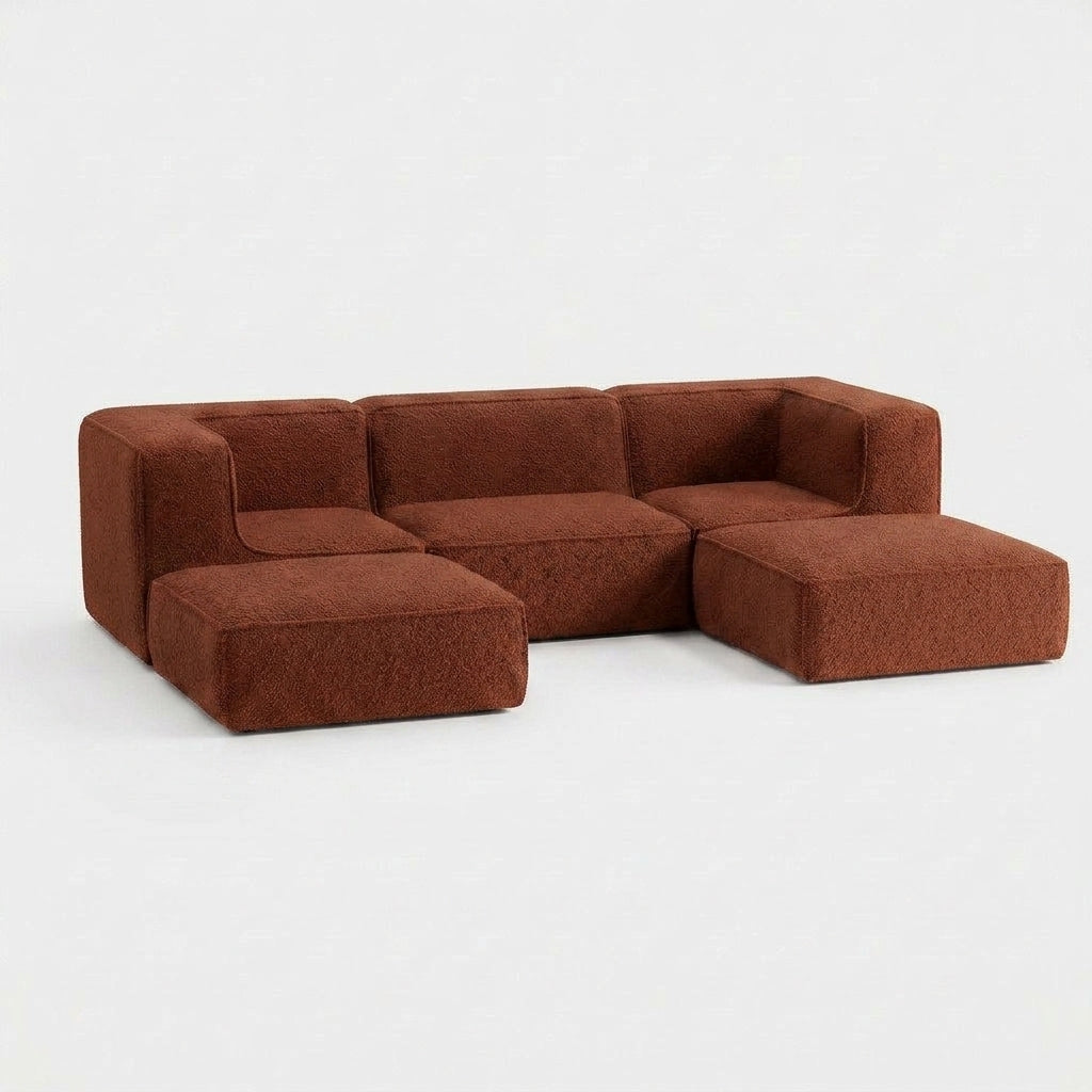 Sofá Modular Flow 3 Lugares 2 Cantos com 2 Apoios de Pé em Boucle Plus Terracota