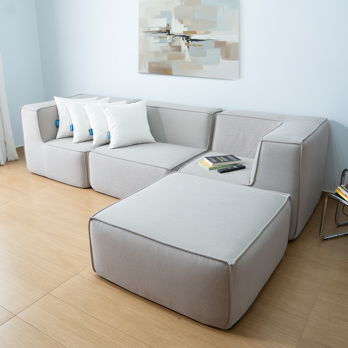 Sofá Modular Flow 3 Lugares 2 Cantos com 1 Apoio de Pé em Boucle Cinza