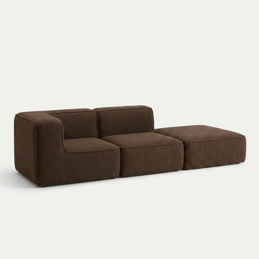 Sofá Modular Flow 2 Lugares 1 Canto com 1 Apoio de Pé em Boucle Plus Marrom