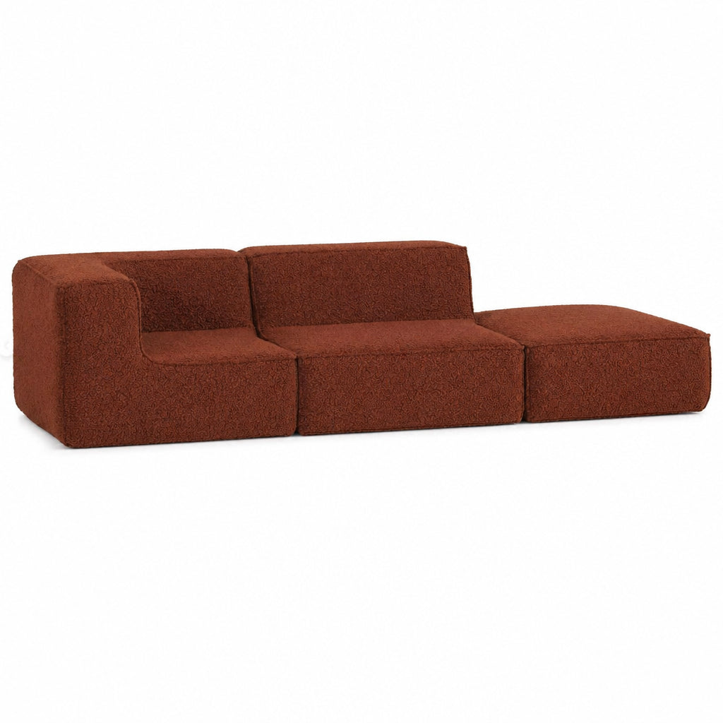 Sofá Modular Flow 2 Lugares 1 Canto com 1 Apoio de Pé em Boucle Plus Terracota