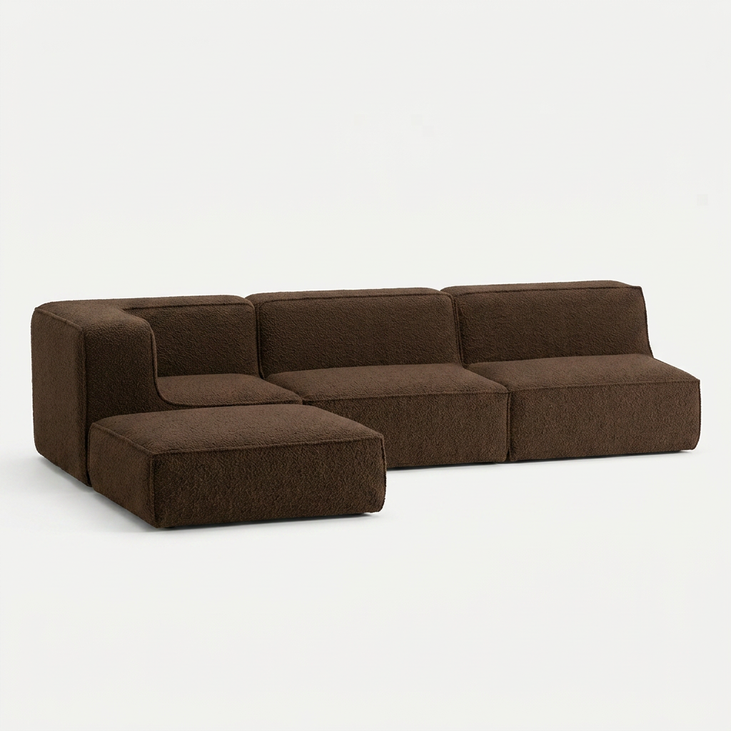 Sofá Modular Flow 3 Lugares 1 Canto com 1 Apoio de Pé em Boucle Plus Marrom