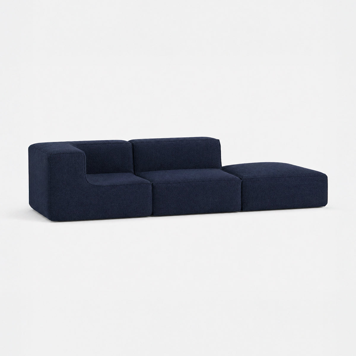 Sofá Modular Flow 2 Lugares 1 Canto com 1 Apoio de Pé em Boucle Azul Marinho