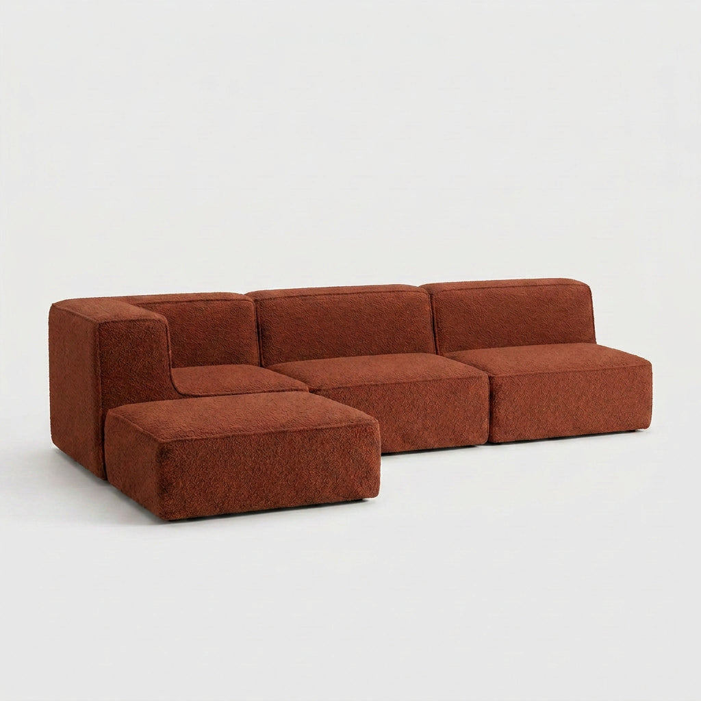 Sofá Modular Flow 3 Lugares 1 Canto com 1 Apoio de Pé em Boucle Plus Terracota