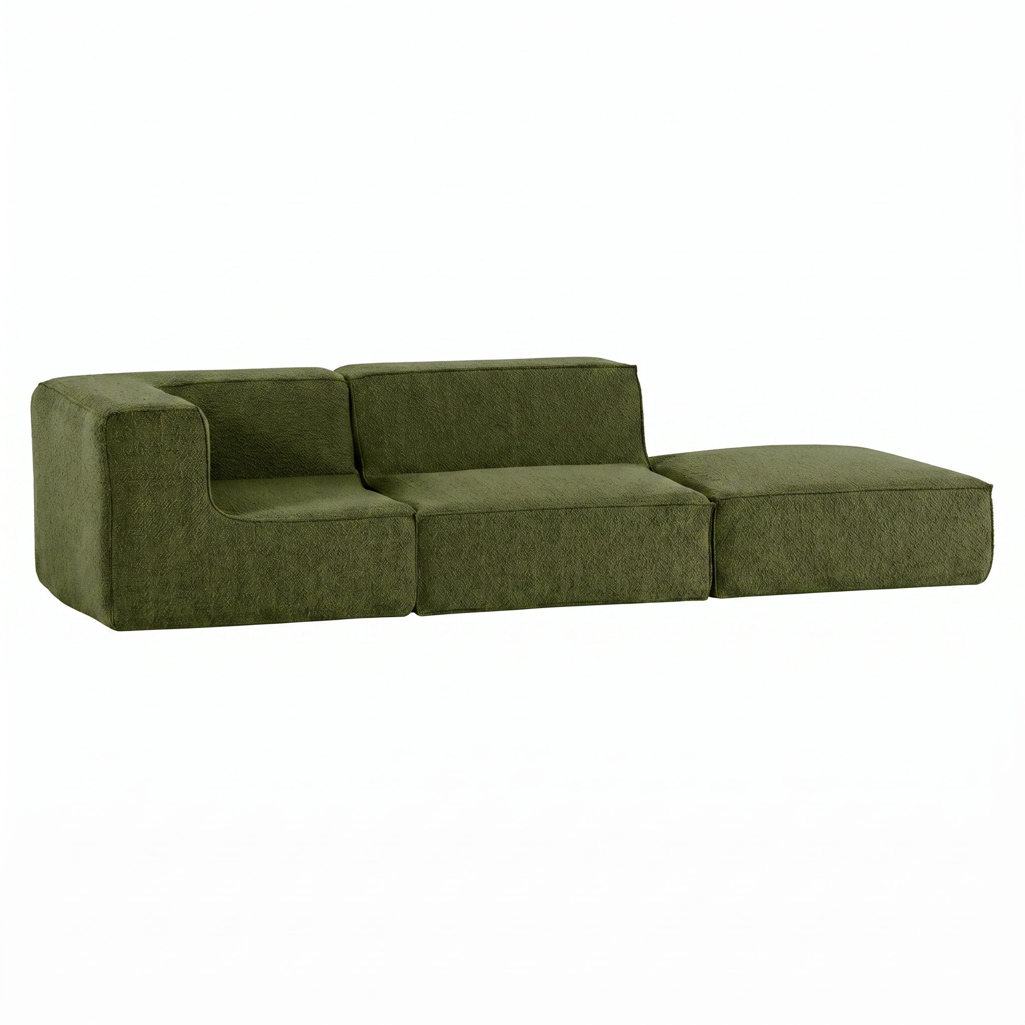 Sofá Modular Flow 2 Lugares 1 Canto com 1 Apoio de Pé em Boucle Plus Green