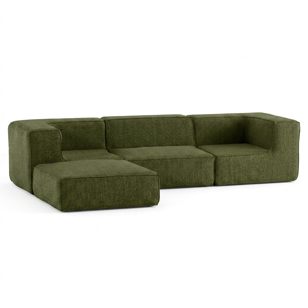 Sofá Modular Flow 3 Lugares 2 Cantos com 1 Apoio de Pé em Boucle Plus Green
