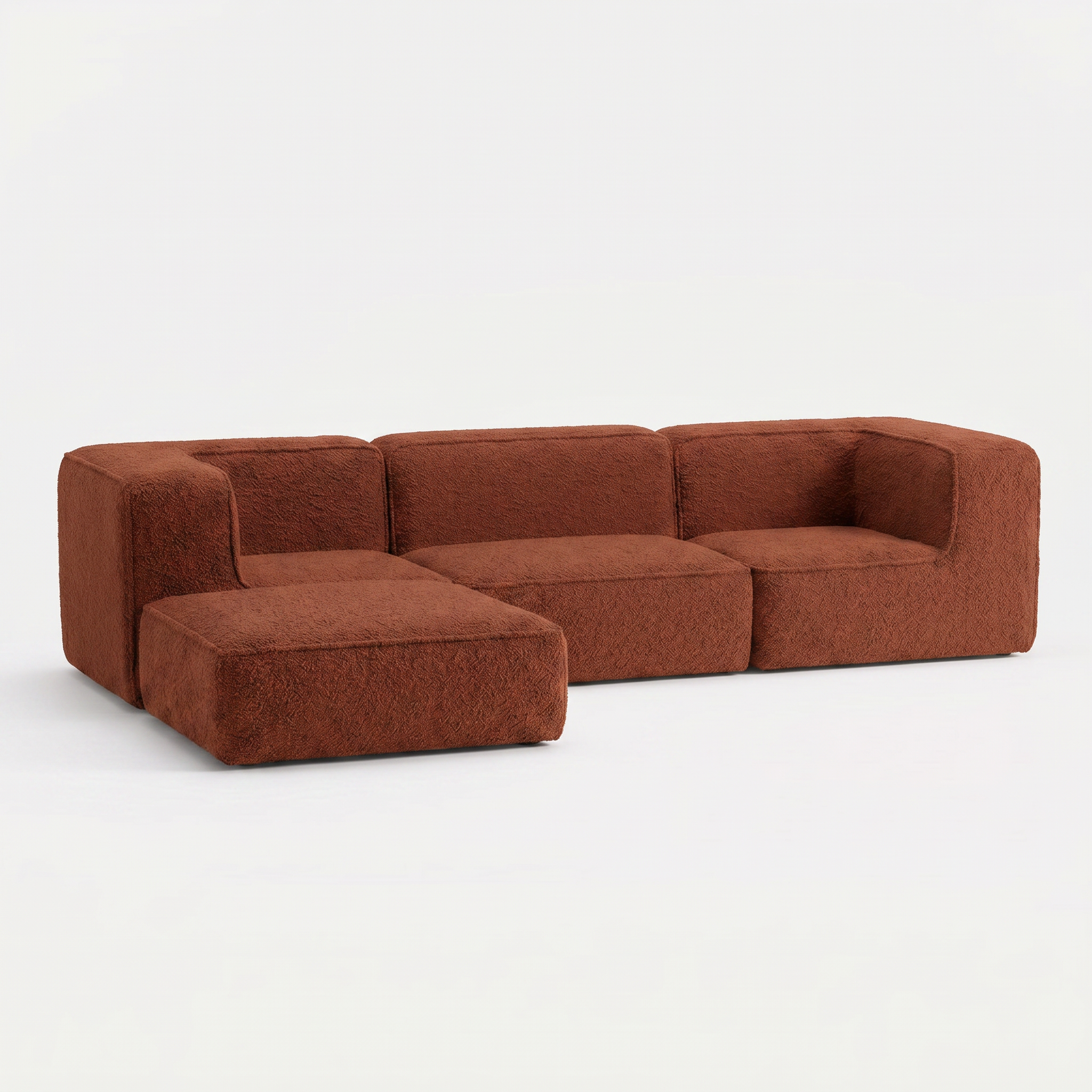 Sofá Modular Flow 3 Lugares 2 Cantos com 1 Apoio de Pé em Boucle Plus Terracota