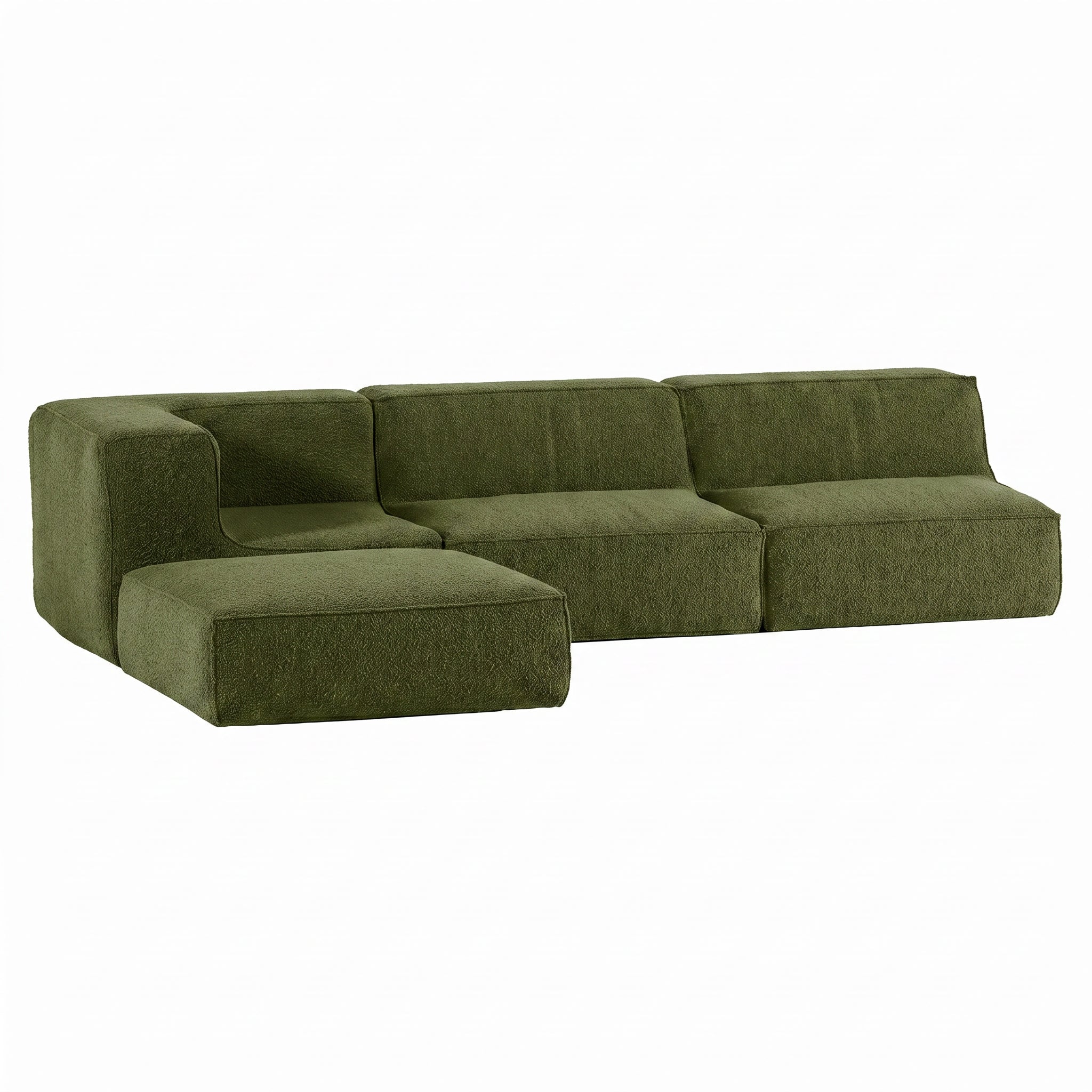 Sofá Modular Flow 3 Lugares  1 Canto com 1 Apoio de Pé em Boucle Plus Green