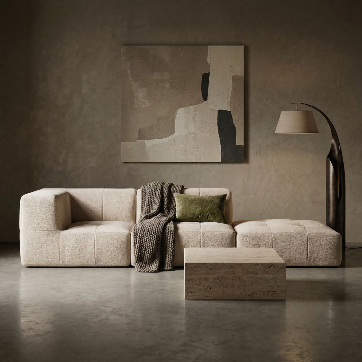 Sofá modular boucle bege em sala iluminada