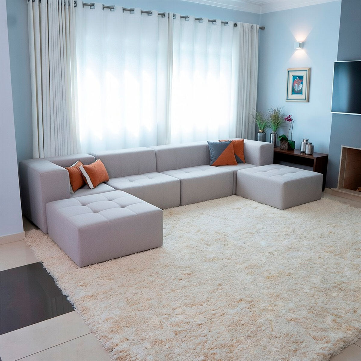 Sofá Modular 4 Lugares 2 Cantos com 2 Apoios de Pé em Boucle Cinza