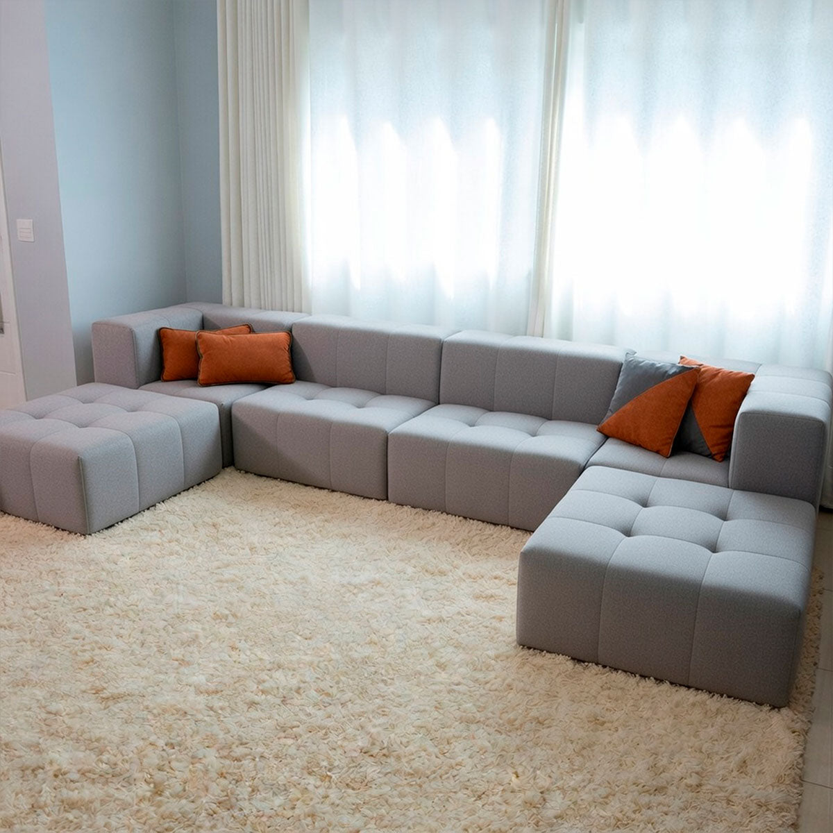 Sofá Modular 4 Lugares 2 Cantos com 2 Apoios de Pé em Boucle Cinza