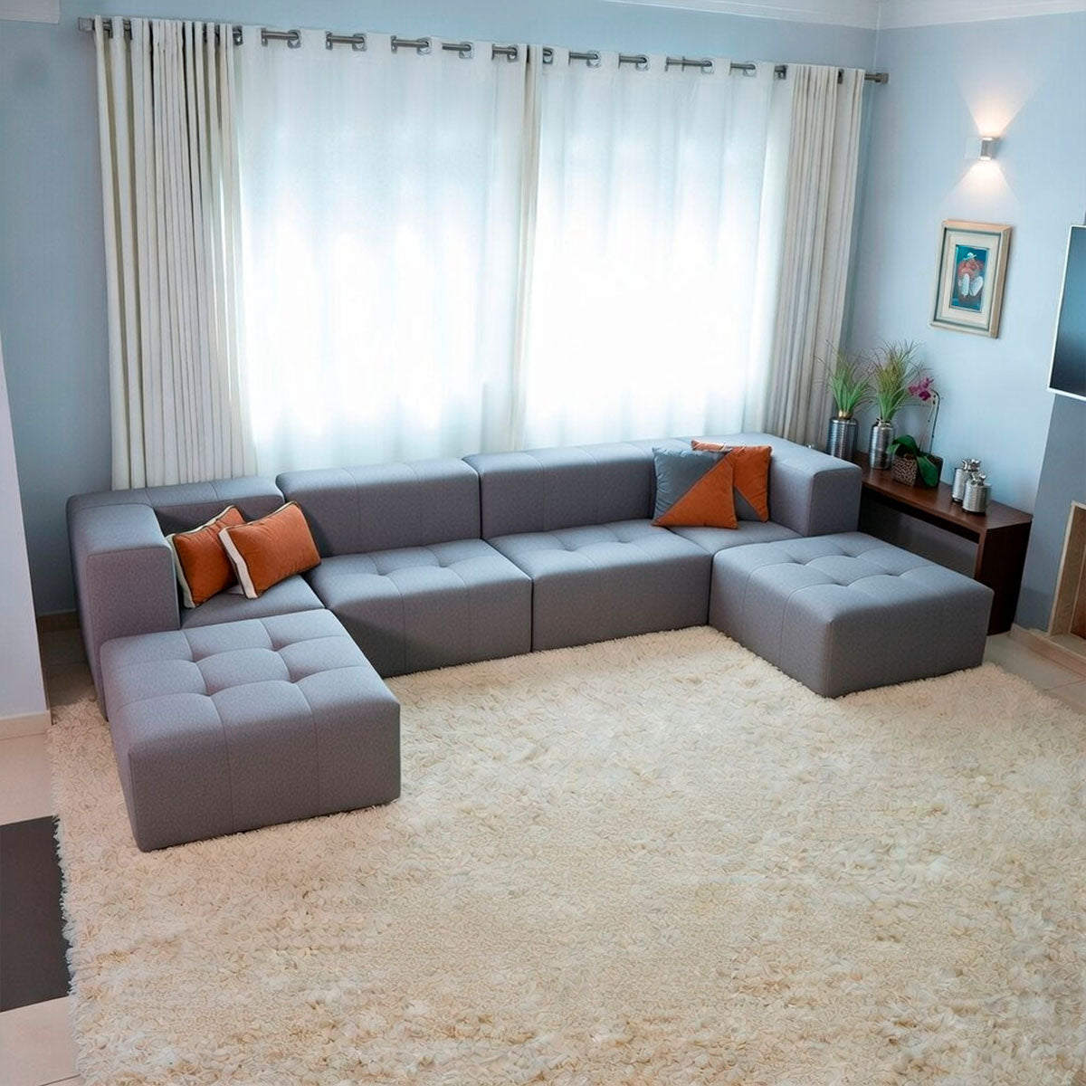 Sofá Modular 4 Lugares 2 Cantos com 2 Apoios de Pé em Boucle Cinza