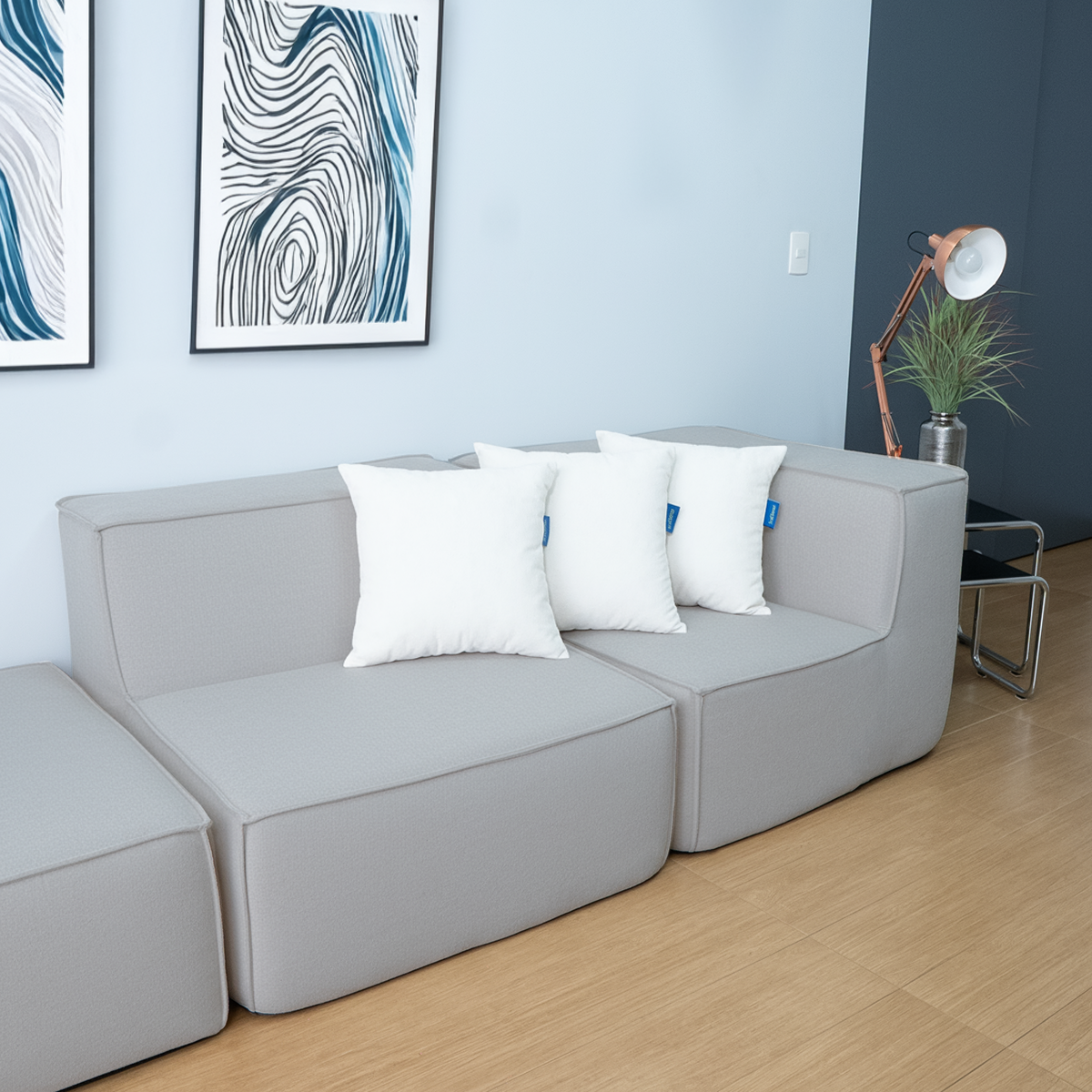 Sofá Modular Flow 2 Lugares 1 Canto com 1 Apoio de Pé em Boucle Cinza