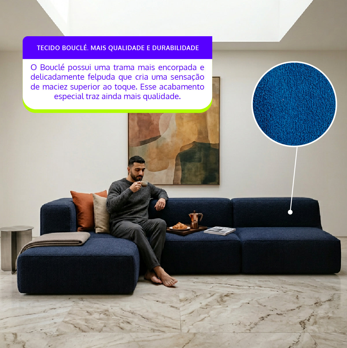 Sofá Modular Flow 3 Lugares 1 Canto com 1 Apoio de Pé em Boucle Azul Marinho