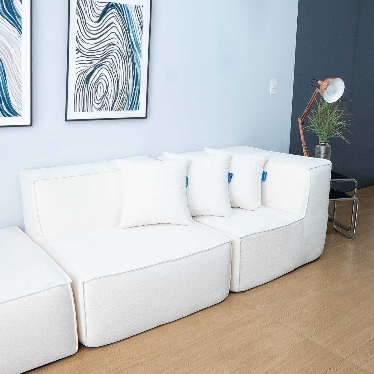 Sofá Modular Flow 2 Lugares 1 Canto com 1 Apoio de Pé em Boucle Bege
