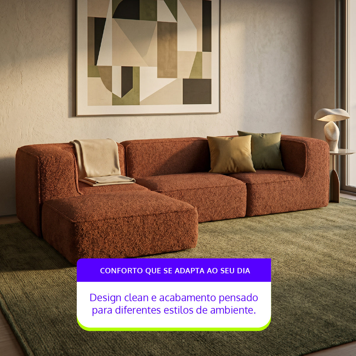 Sofá Modular Flow 3 Lugares 2 Cantos com 1 Apoio de Pé em Boucle Plus Terracota