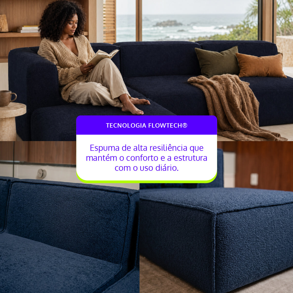 Sofá Modular Flow 3 Lugares 1 Canto com 1 Apoio de Pé em Boucle Azul Marinho